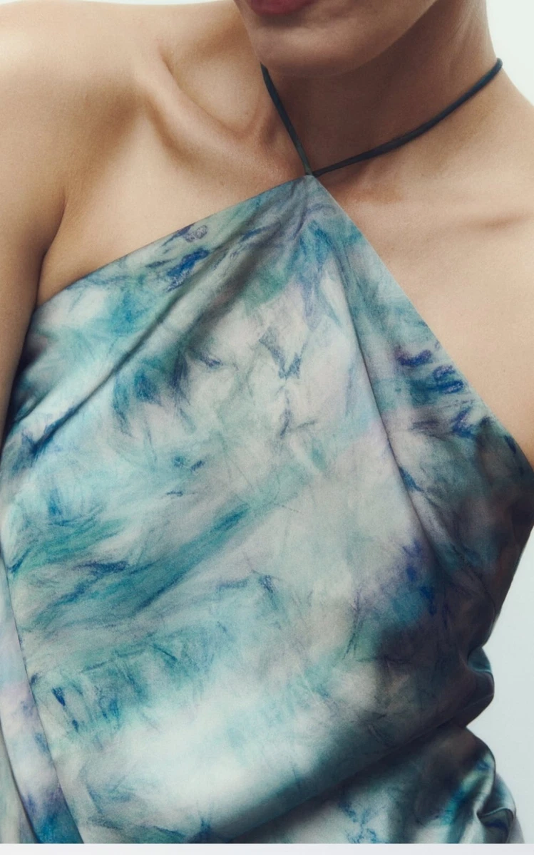 Blue Abstract Tie-Dye Halter Midi Dress - Image 2