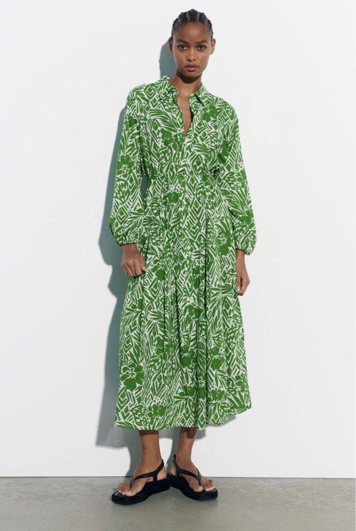 Green And White Printed Long Sleeve Midi Dress