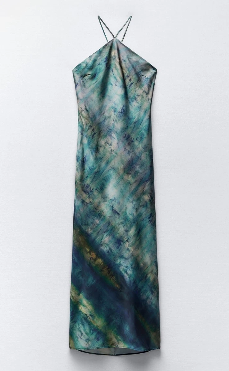 Blue Abstract Tie-Dye Halter Midi Dress - Image 3