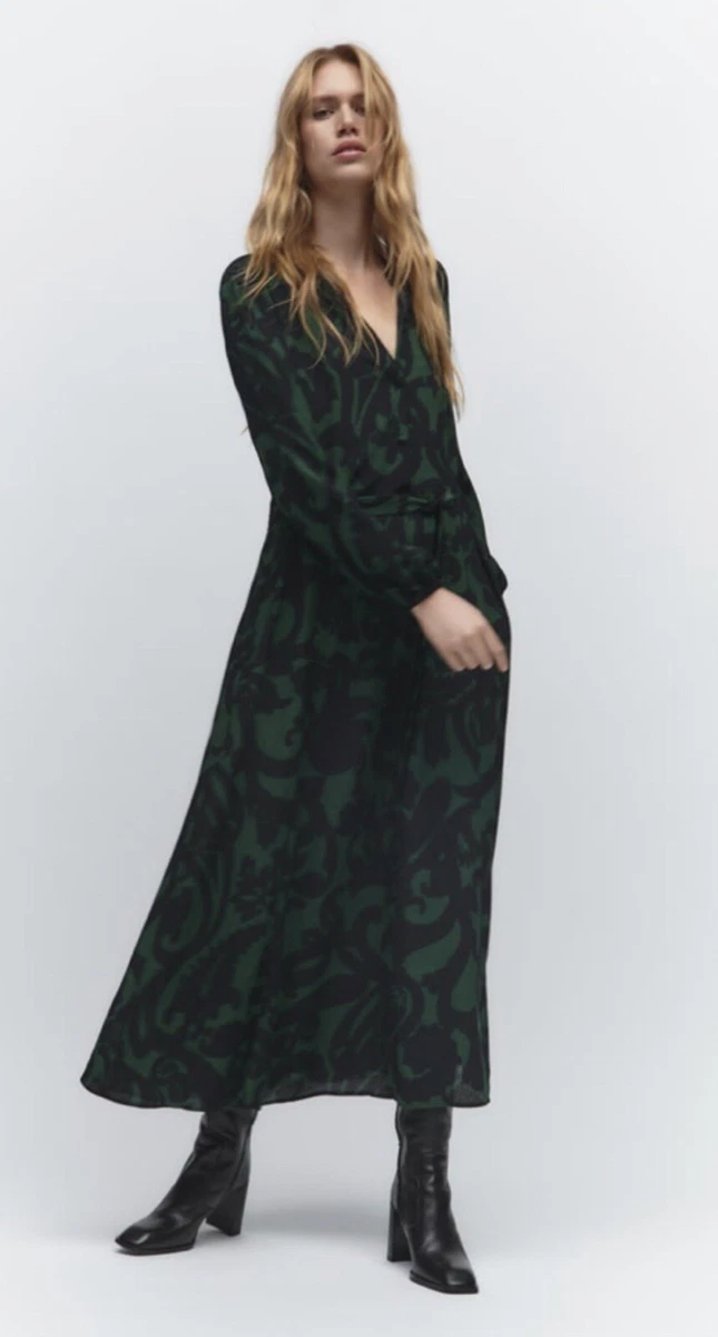Dark Green Printed Long-Sleeve Maxi Dress