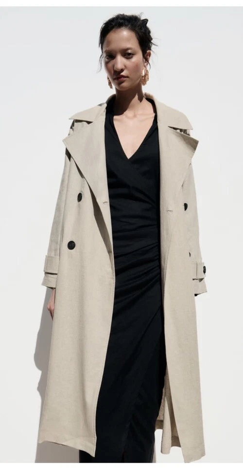 Beige Linen Blend Long Trench Coat