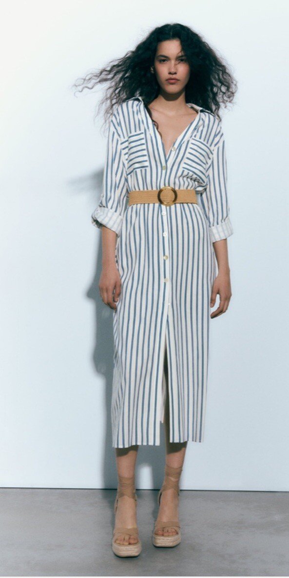 Blue and White Striped Shirt Dress With Belt