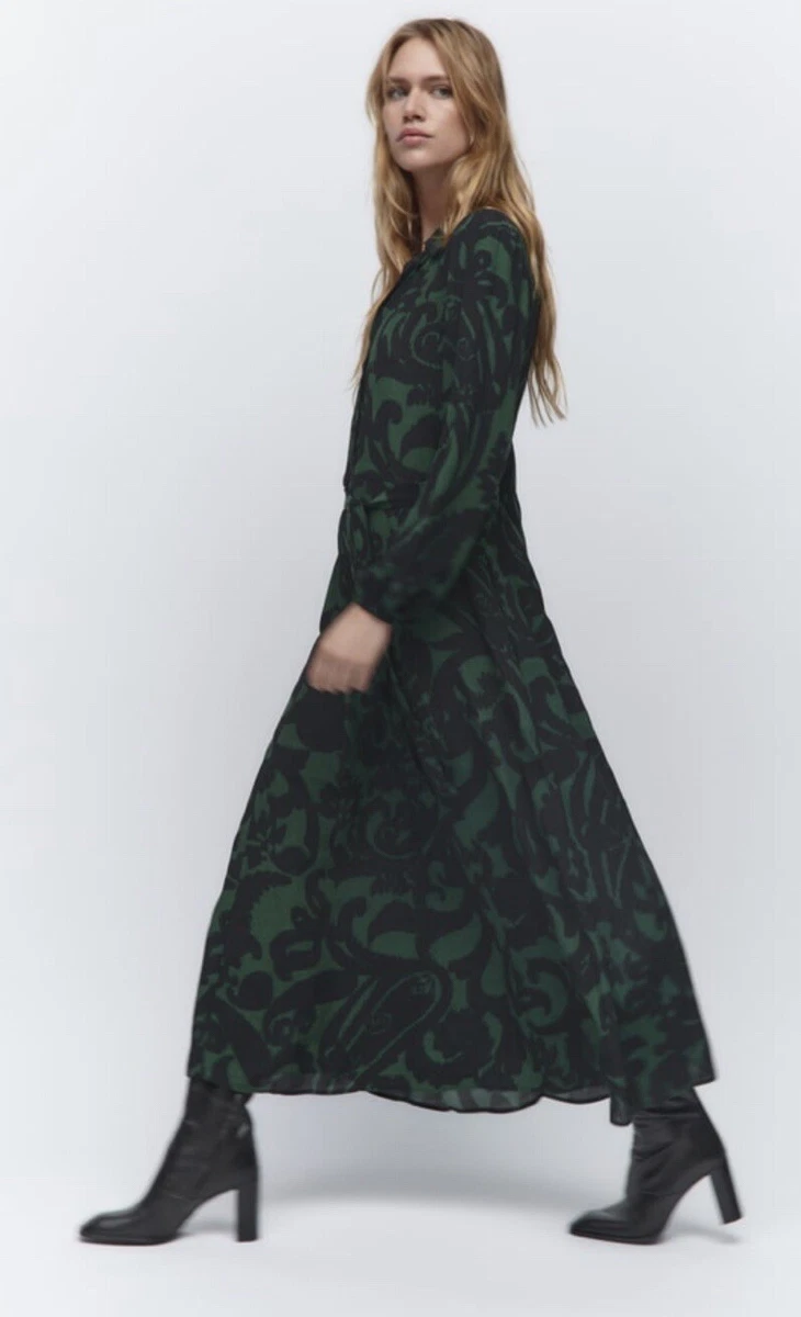 Dark Green Printed Long-Sleeve Maxi Dress - Image 3