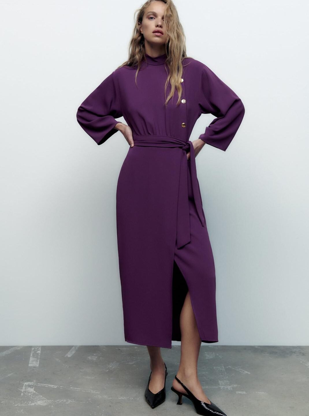 Purple Plum Wrap Midi Dress With Gold Buttons