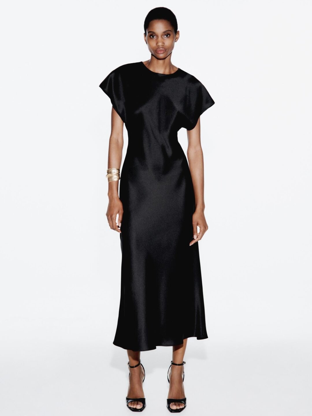 Black Satin Cap Sleeve Midi Dress