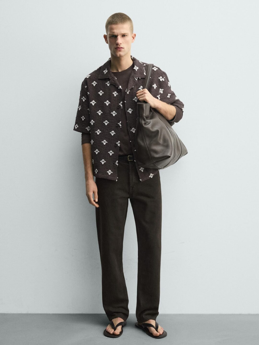 Chocolate Brown Embroidered Motif Bowling Shirt