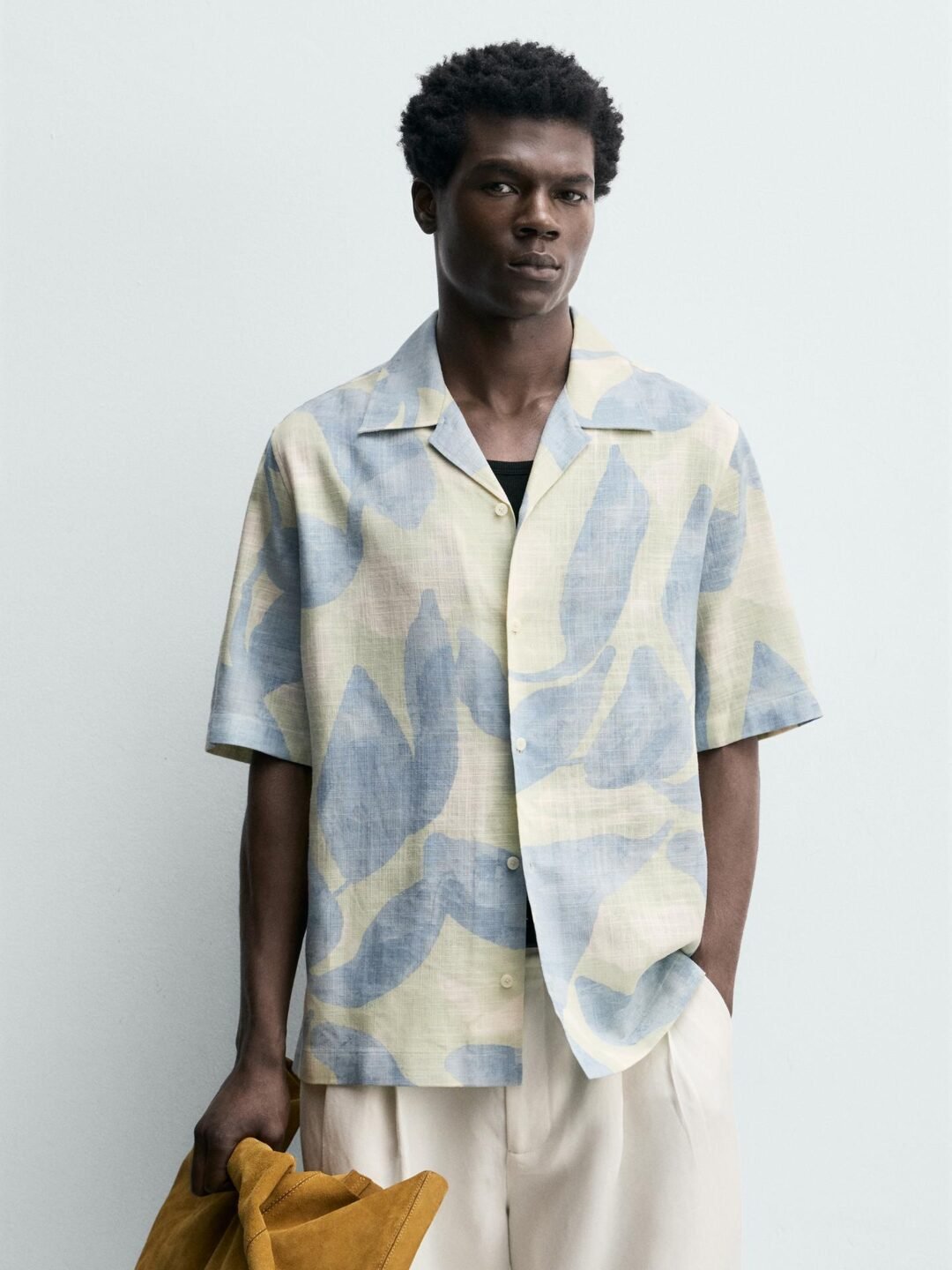 Abstract Camp Collar Leaf Linen Blend Shirt