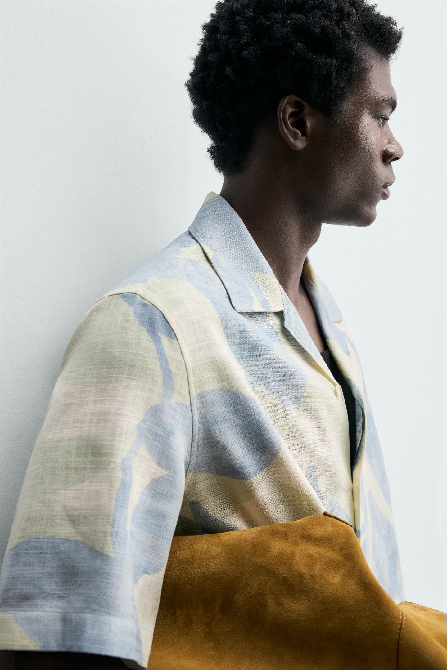 Abstract Camp Collar Leaf Linen Blend Shirt - Image 5