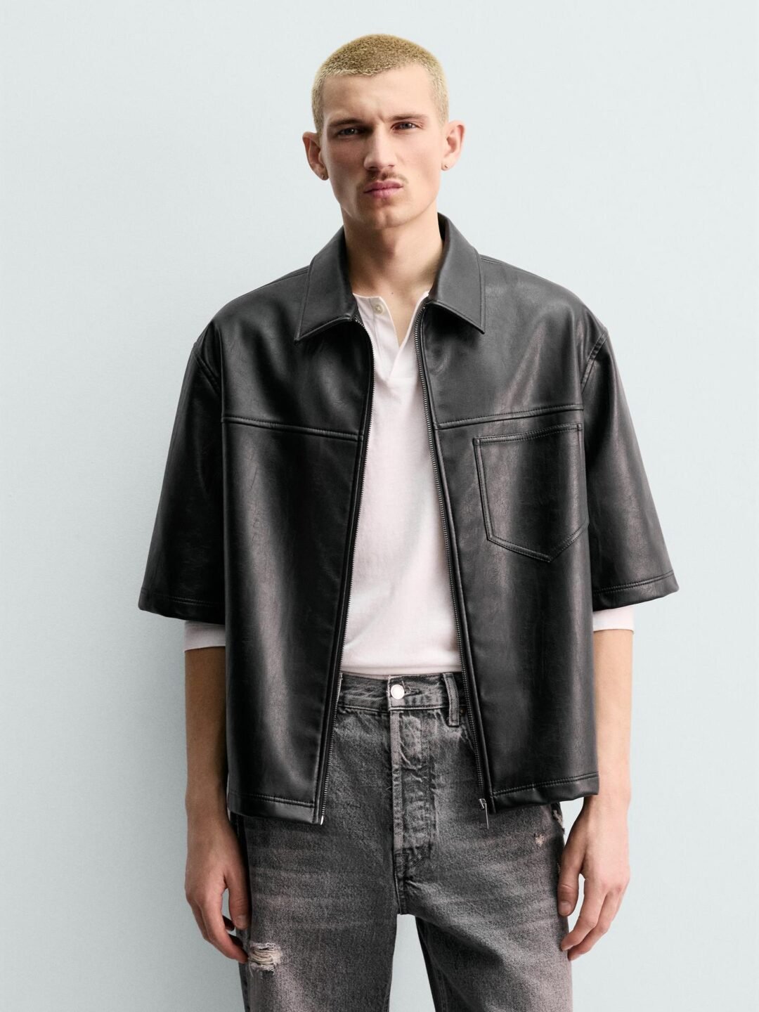 Black Faux Leather Short-Sleeve Shirt