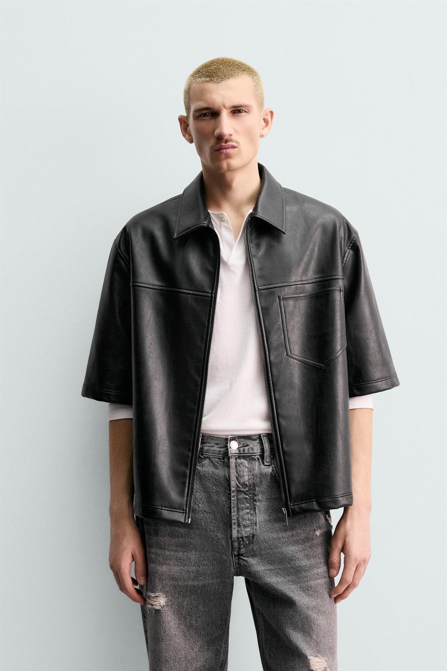 Black Faux Leather Short-Sleeve Shirt