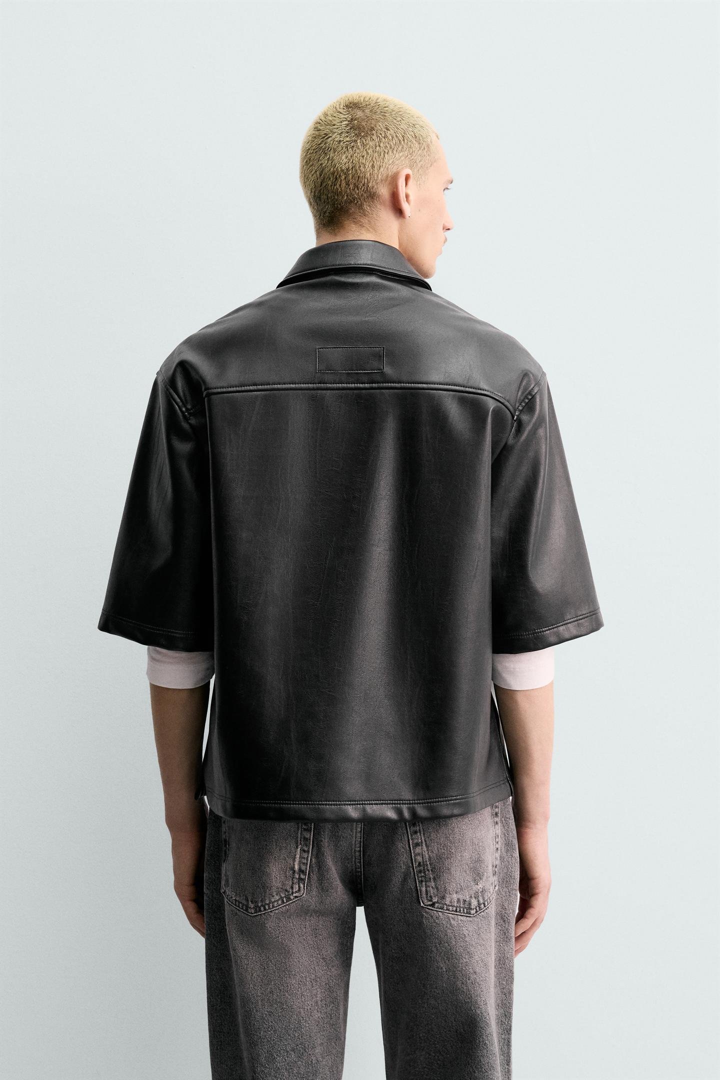 Black Faux Leather Short-Sleeve Shirt - Image 2