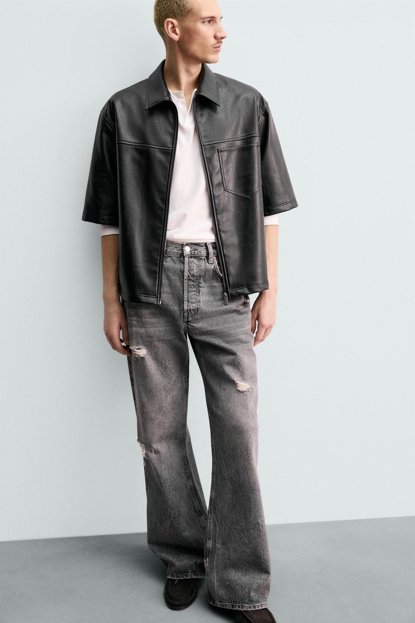 Black Faux Leather Short-Sleeve Shirt - Image 3