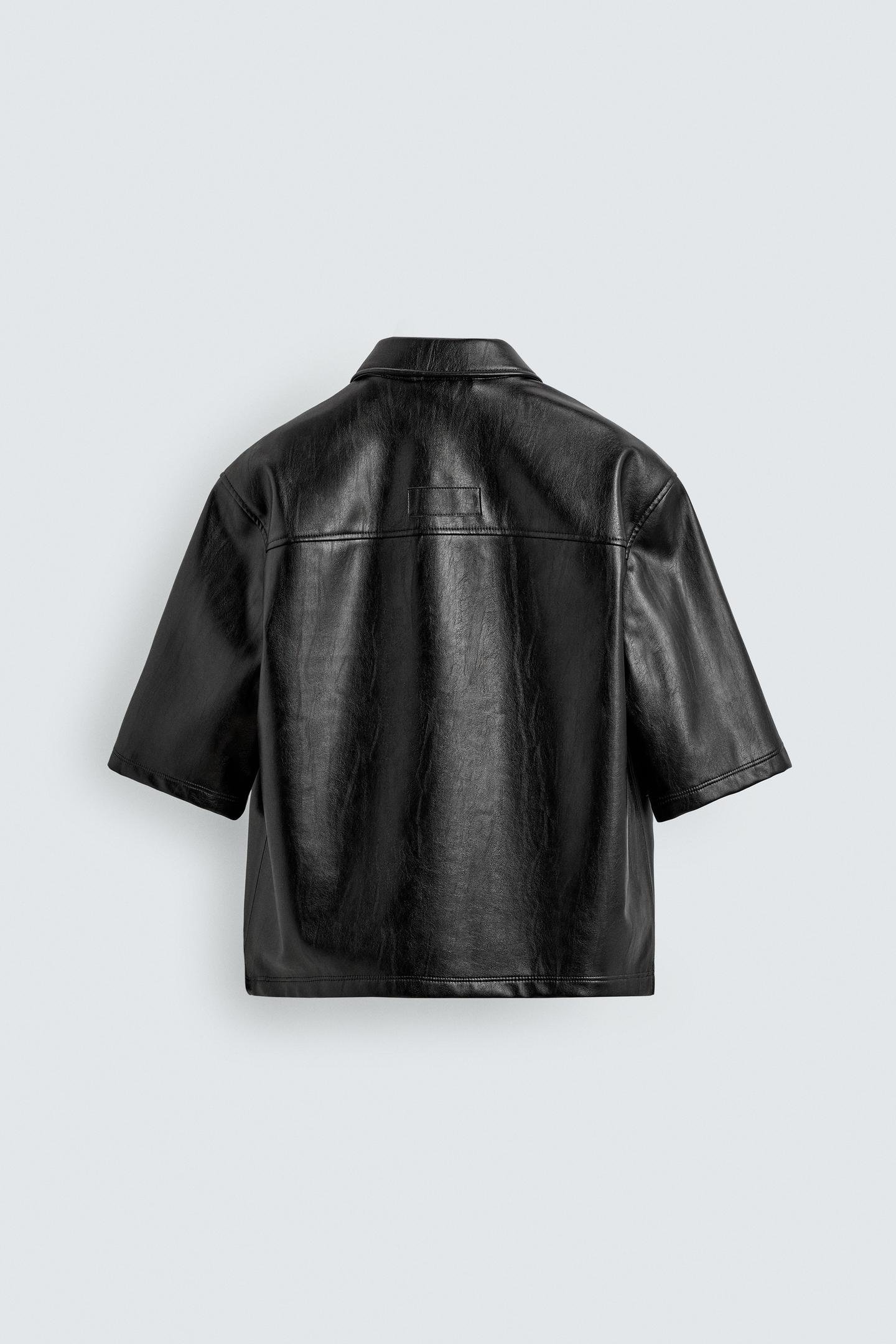 Black Faux Leather Short-Sleeve Shirt - Image 5