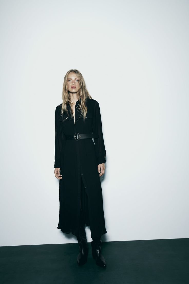 Black Ribbed Long Sleeve Shirt Dress with Belt