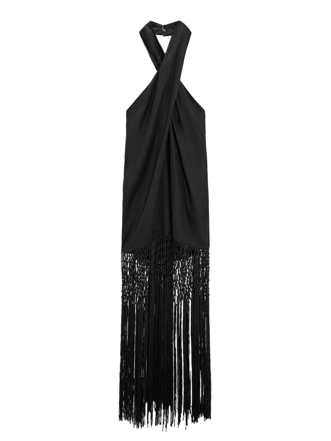 Crossed Halter Dress with Macramé Fringe