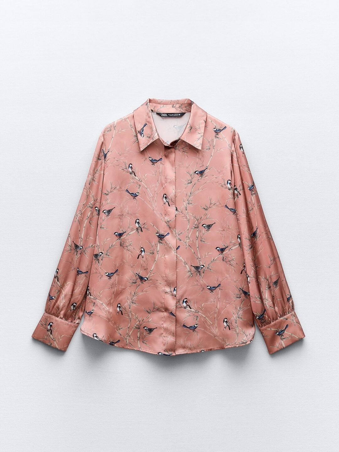 Pink Bird Print Satin Shirt