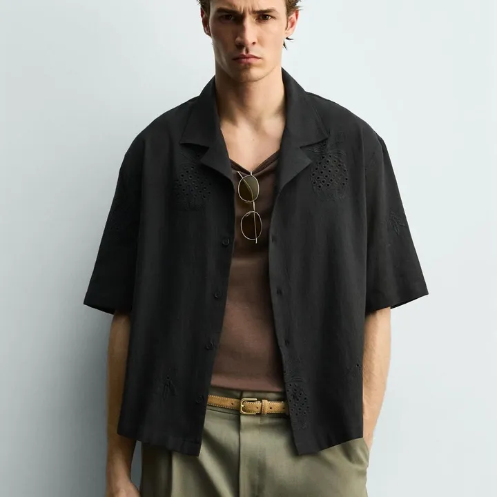 Black Embroidered Cuban-Collar Shirt