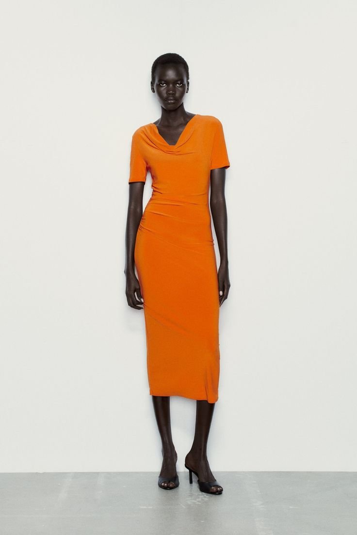 Orange Cowl Neck Fitted Midi Dress