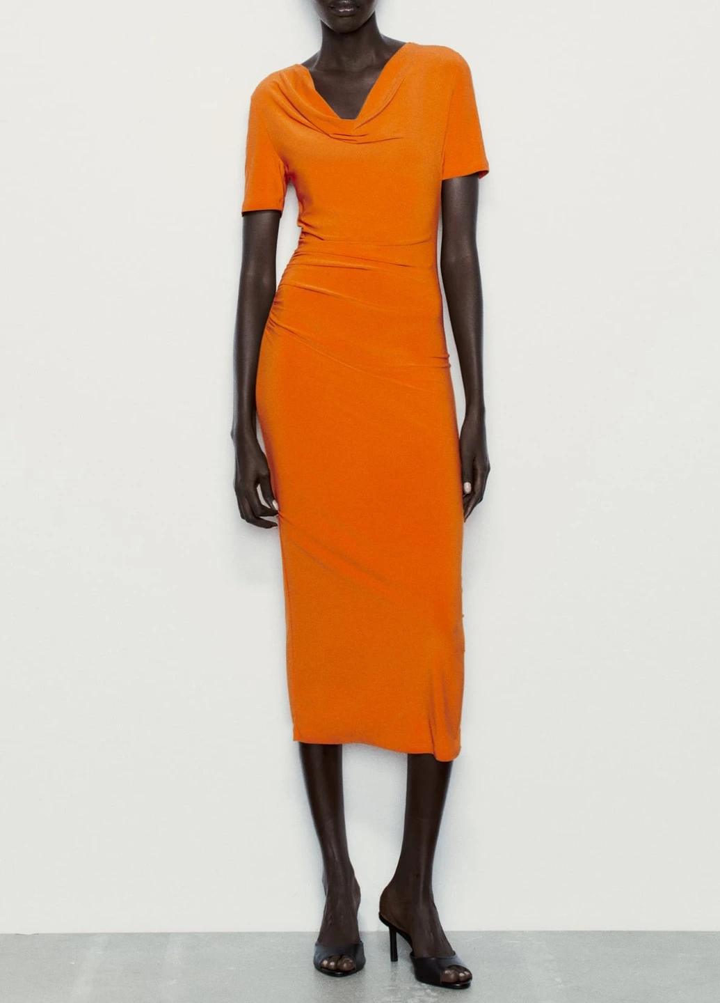 Orange Cowl Neck Fitted Midi Dress - Image 5