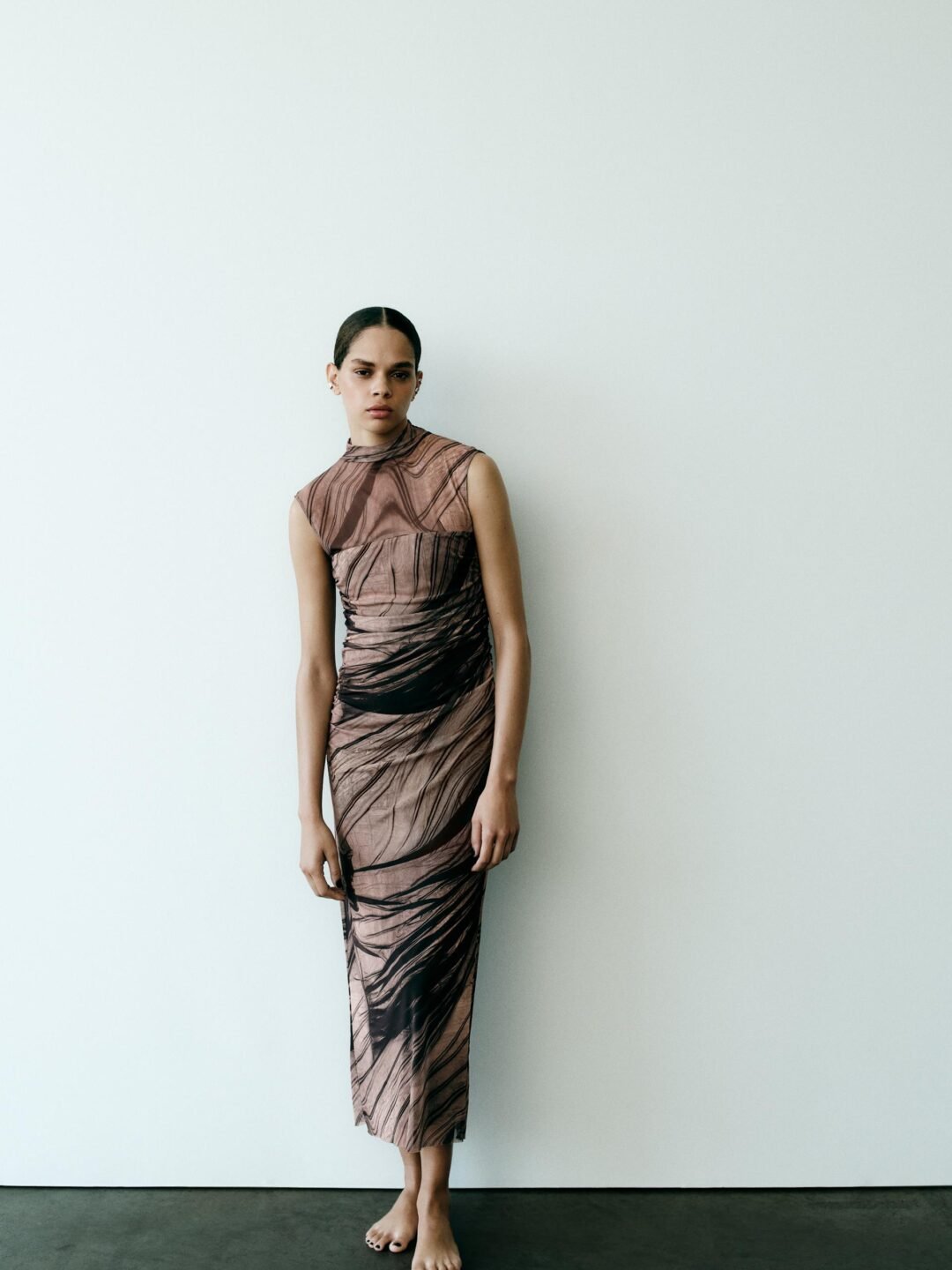 Printed High Neck Ruched Mesh Midi Dress