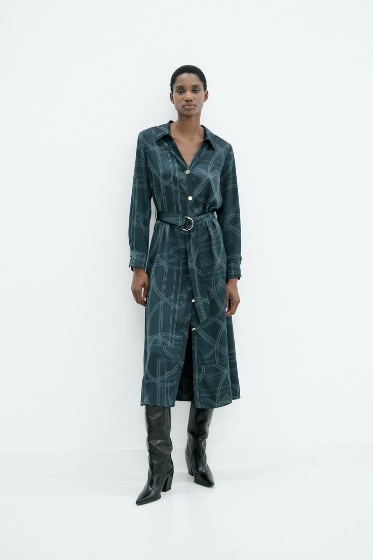 Dark Teal Geometric Print Shirt Dress