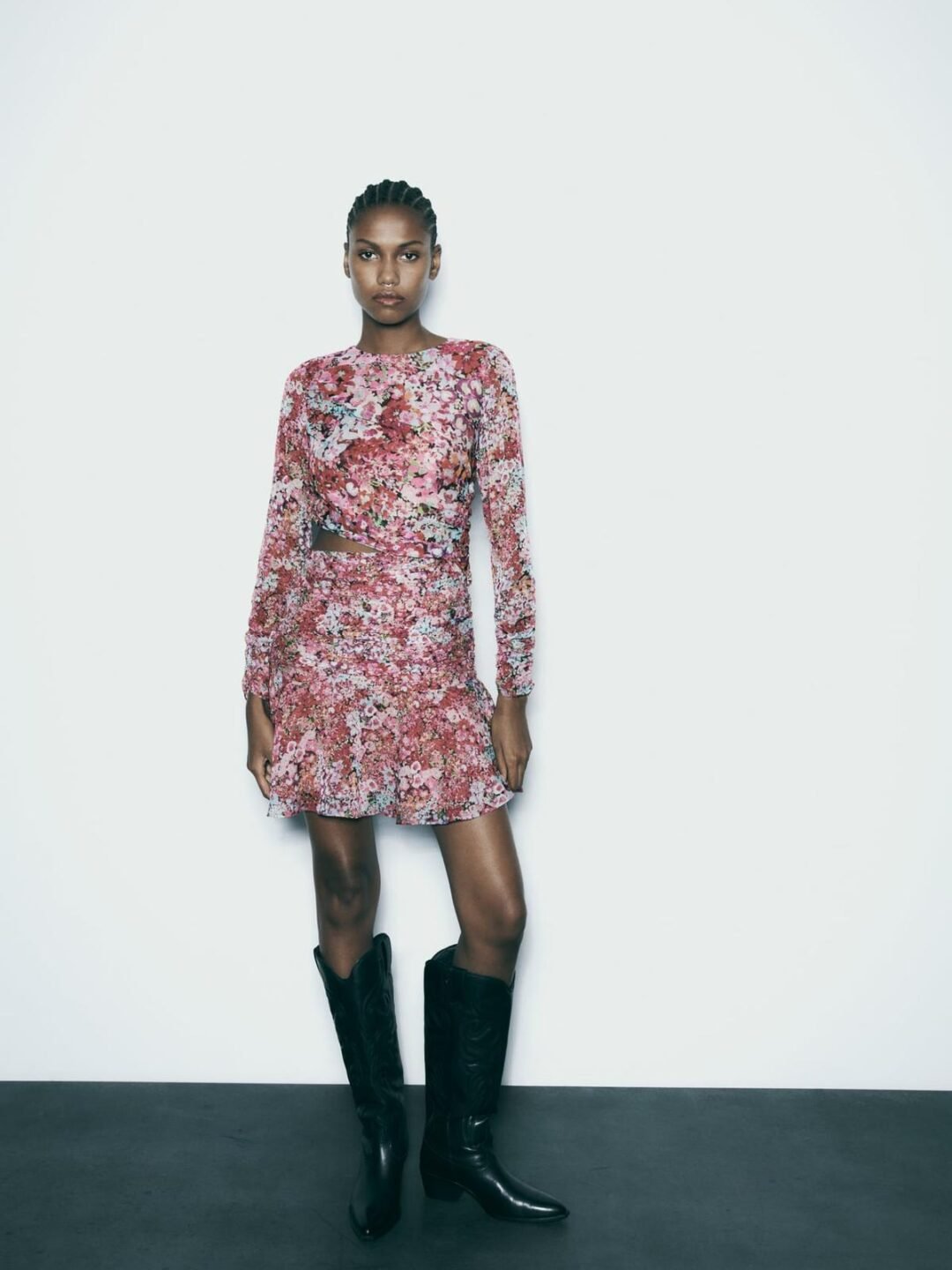 Pink Floral Mesh Mini Dress