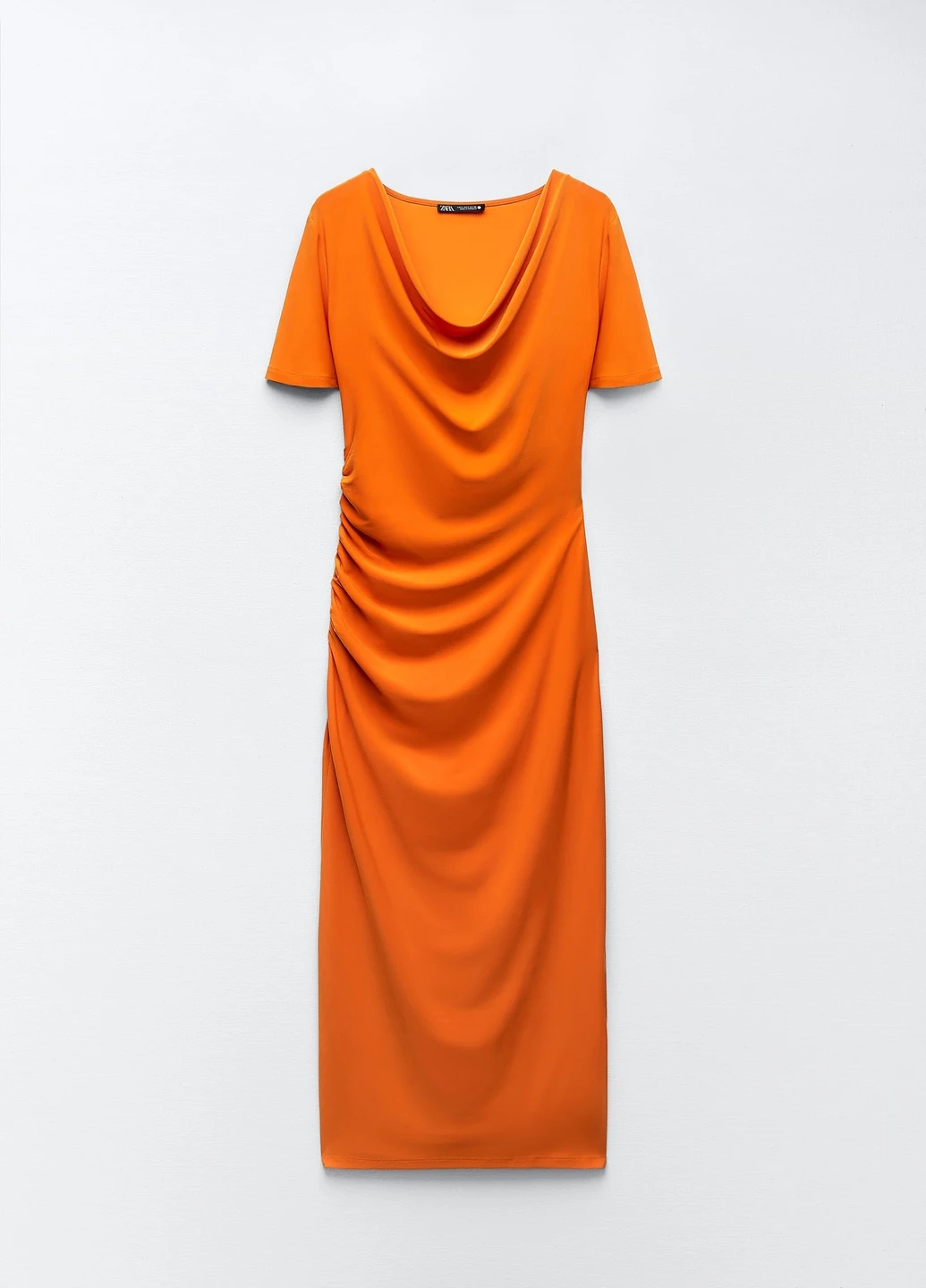 Orange Cowl Neck Fitted Midi Dress - Image 3