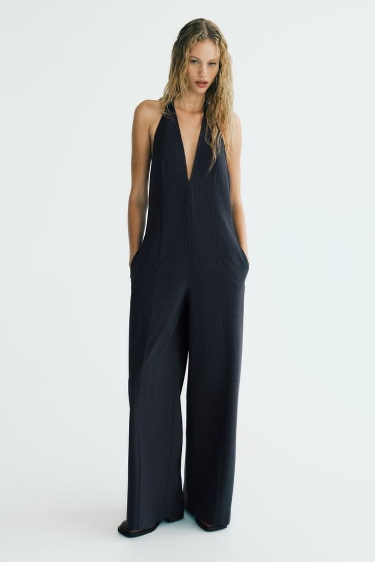 Black Deep V Neck Sleeveless Wide Leg Pinstripe Jumpsuit