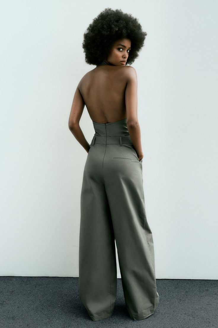 Olive Green Halter Neck Wide Leg Jumpsuit