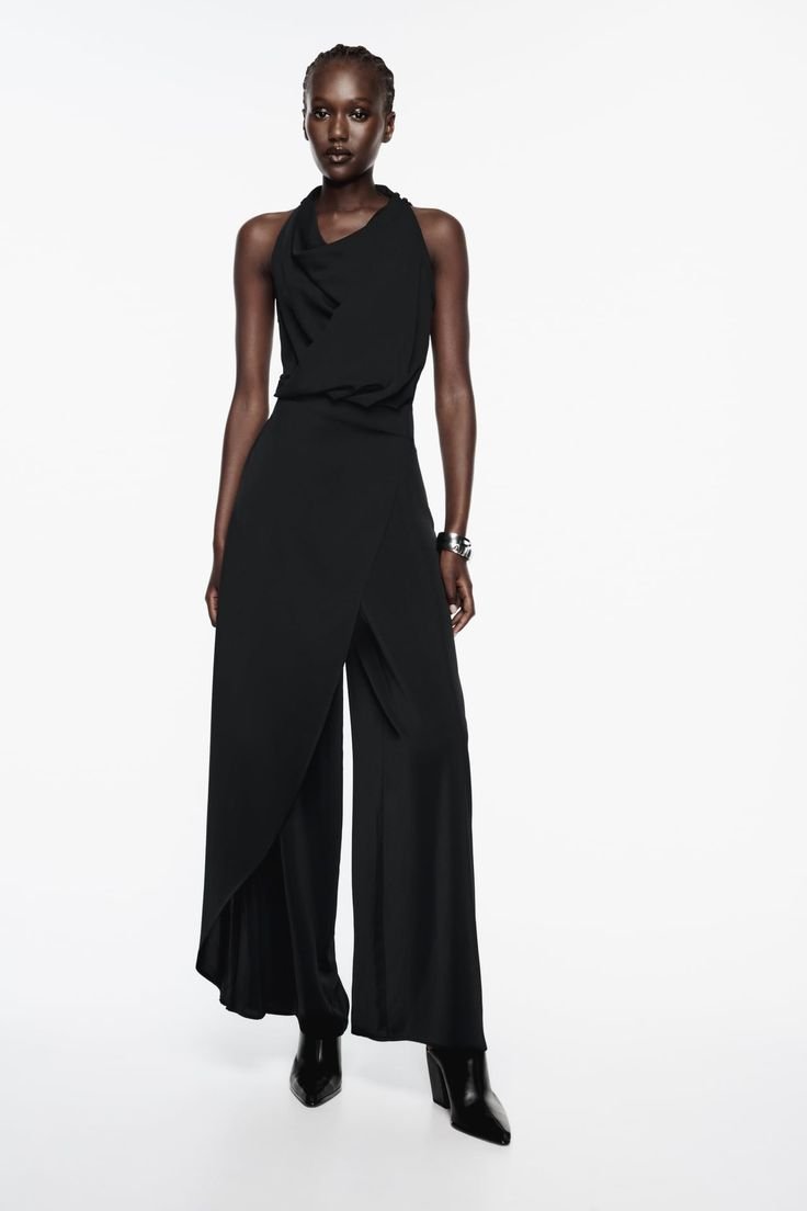 Draped Asymmetrical Halter Jumpsuit with Skirt Overlay