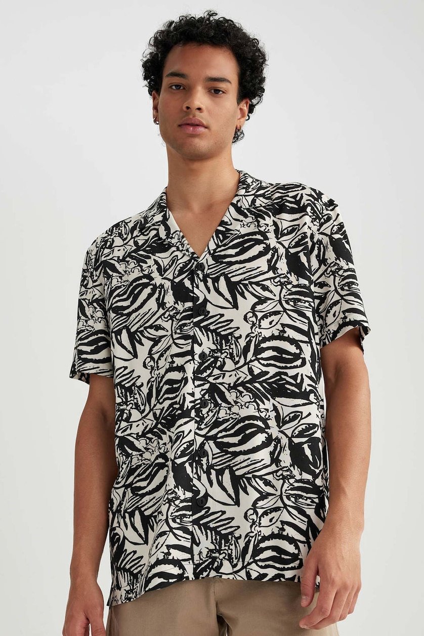 Black White Tropical Leaf Print Shirt