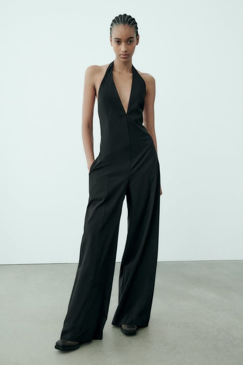 Deep V Halter Wide Leg Pinstripe Jumpsuit