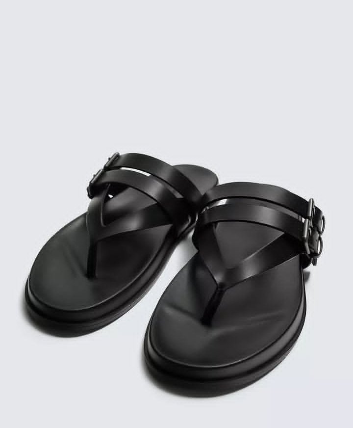 Black Leather Buckle Thong Sandals