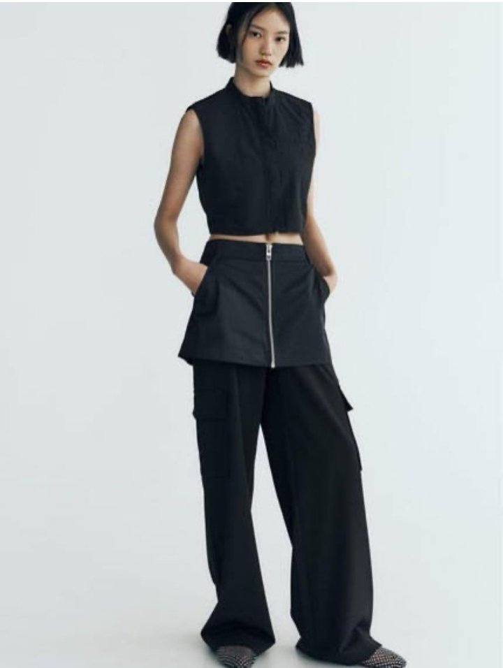 Black Layered Skirt Cargo Trousers