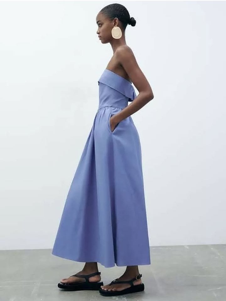 Dusty Blue Fold Over Bustier Midi Dress