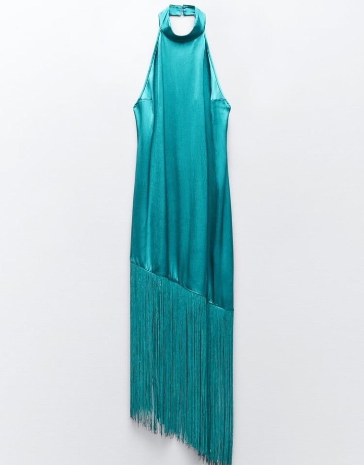Satin Halter Midi Dress with Fringe Hem