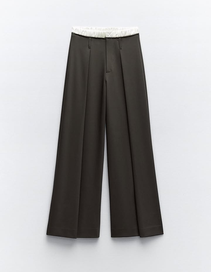 Contrast Waistband Wide Leg Tailored Trousers