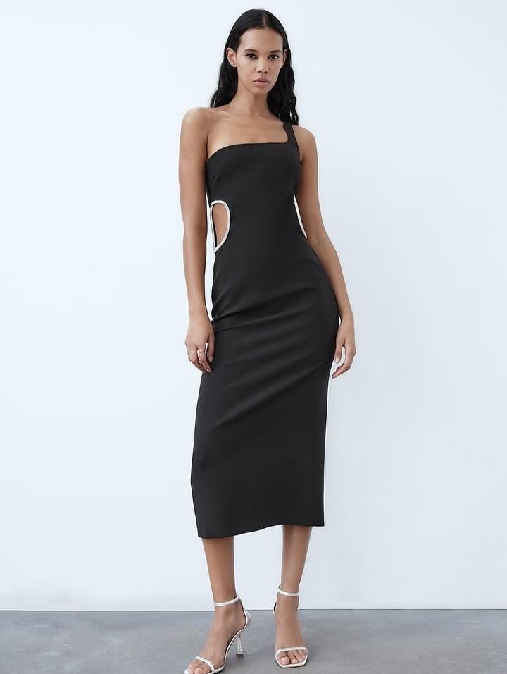 One Shoulder Cutout Midi Dress with Rhinestone Trim