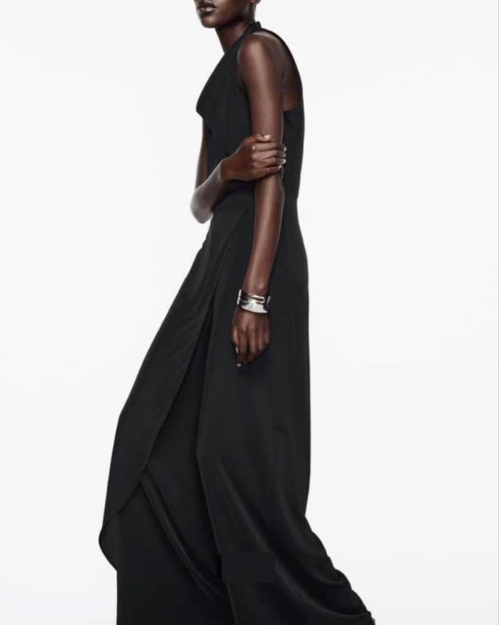 Draped Asymmetrical Halter Jumpsuit with Skirt Overlay - Image 2