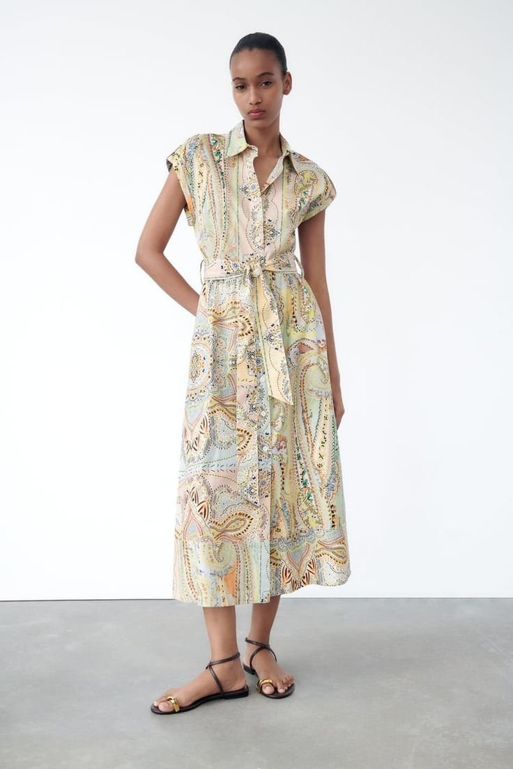 Pastel Paisley Print Shirt Midi Dress