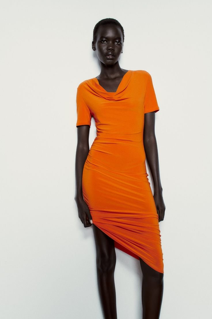 Orange Cowl Neck Fitted Midi Dress - Image 6