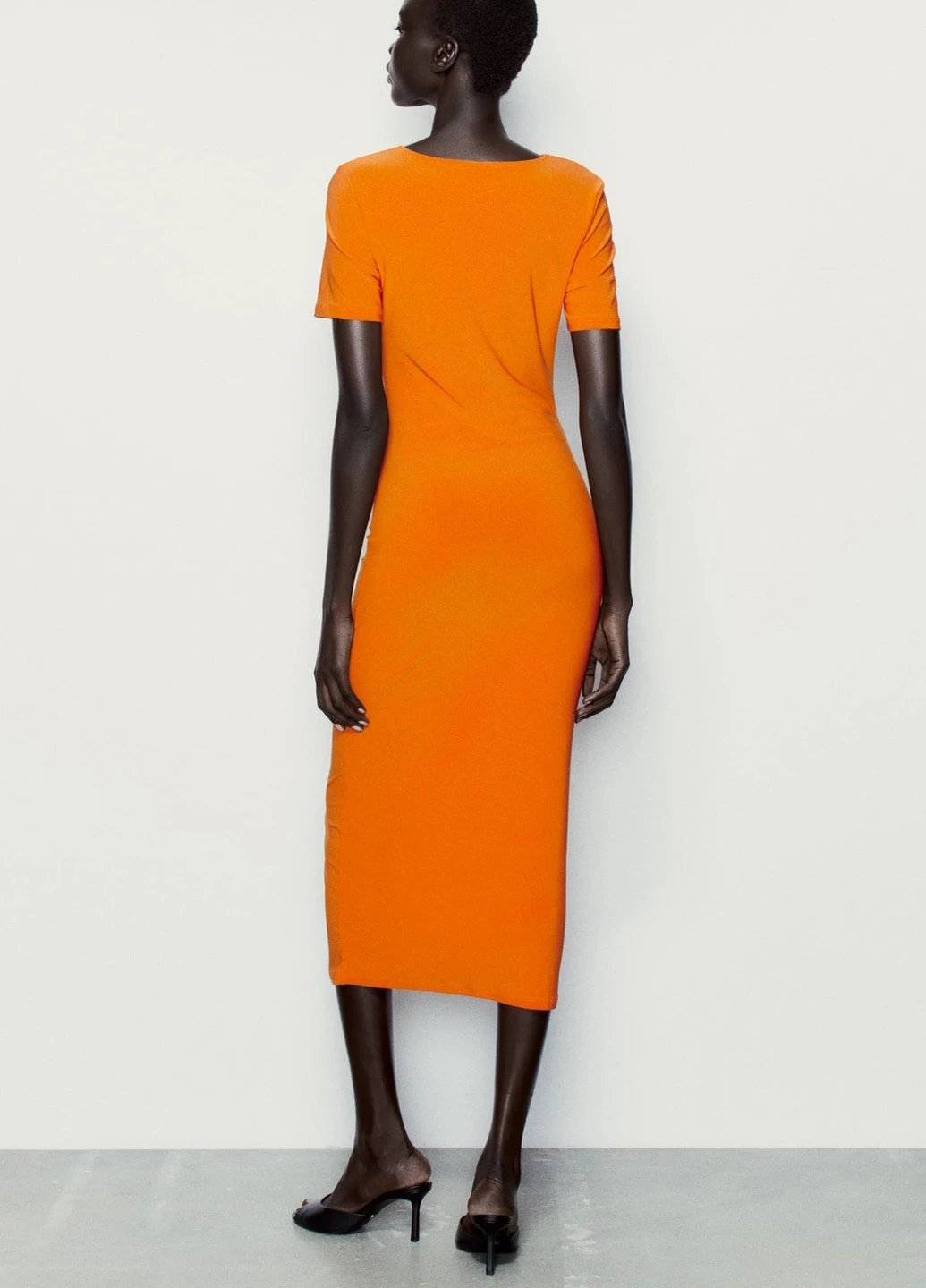 Orange Cowl Neck Fitted Midi Dress - Image 2