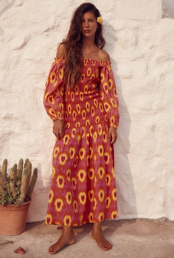 Pink and Yellow Printed Puff Sleeve Maxi Dress