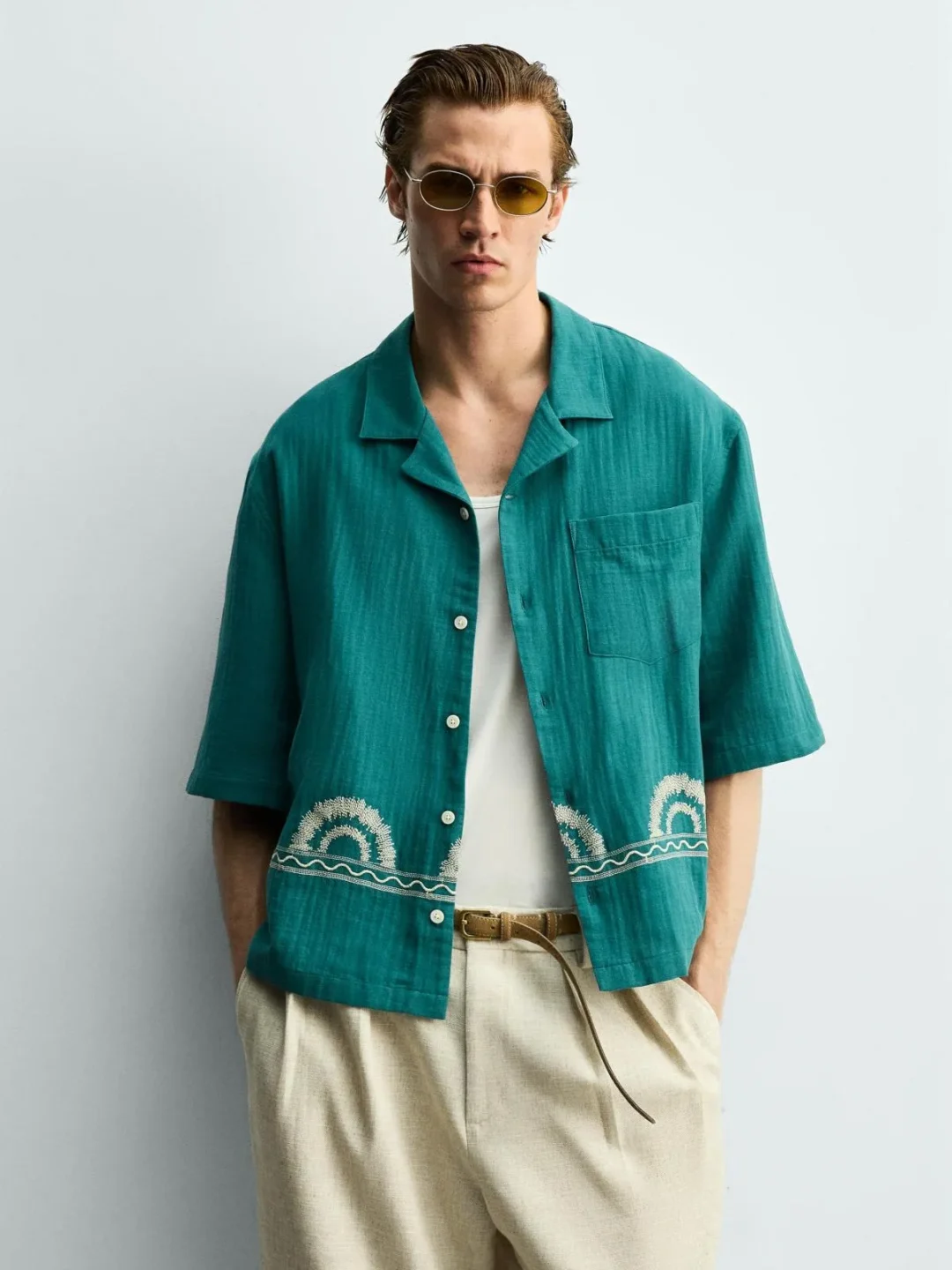 Teal Embroidered Short-Sleeve Bowling Shirt