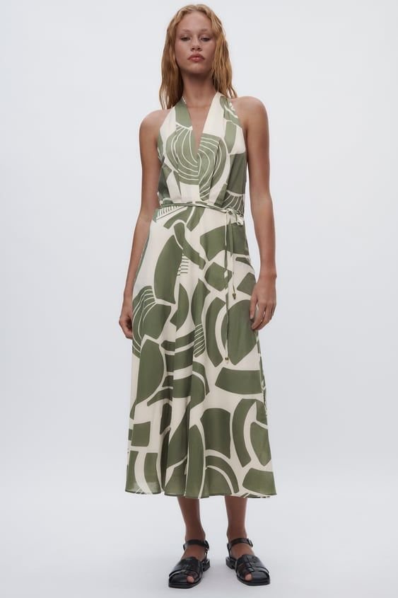 Olive Green Abstract Print Halter Neck Midi Dress