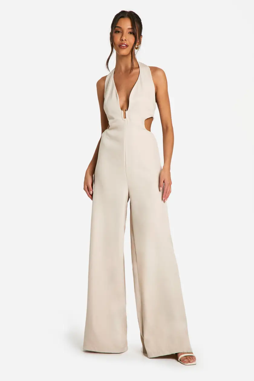 Beige Halter Cutout Wide Leg Jumpsuit