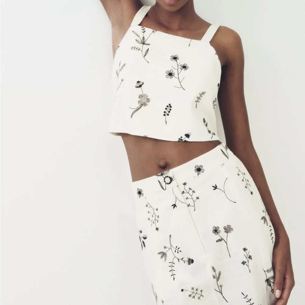 Cream Floral Print Tie Back Crop Top