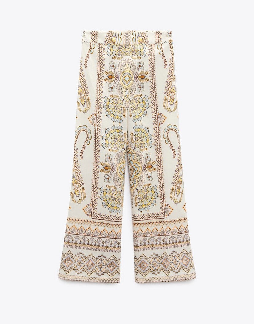 Cream Paisley Print Wide Leg Trousers