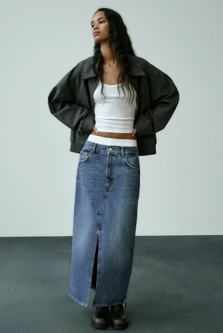 Blue Demin Long Midi With White Waistband