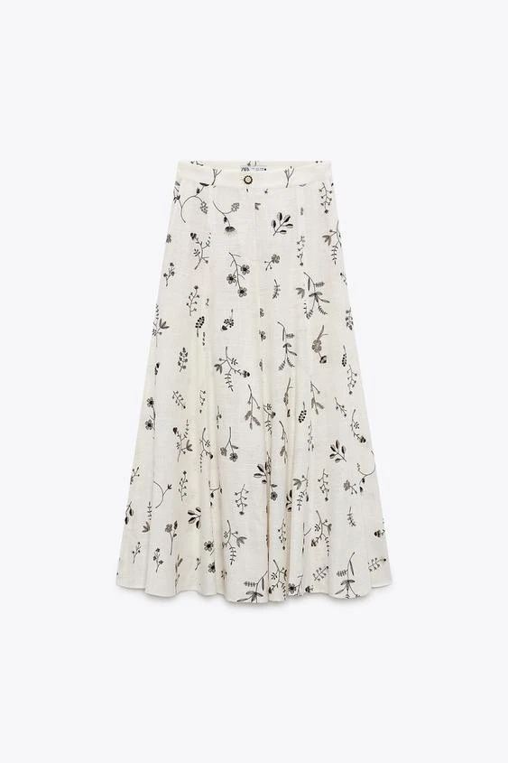 Cream Floral Print A-Line Midi Skirt